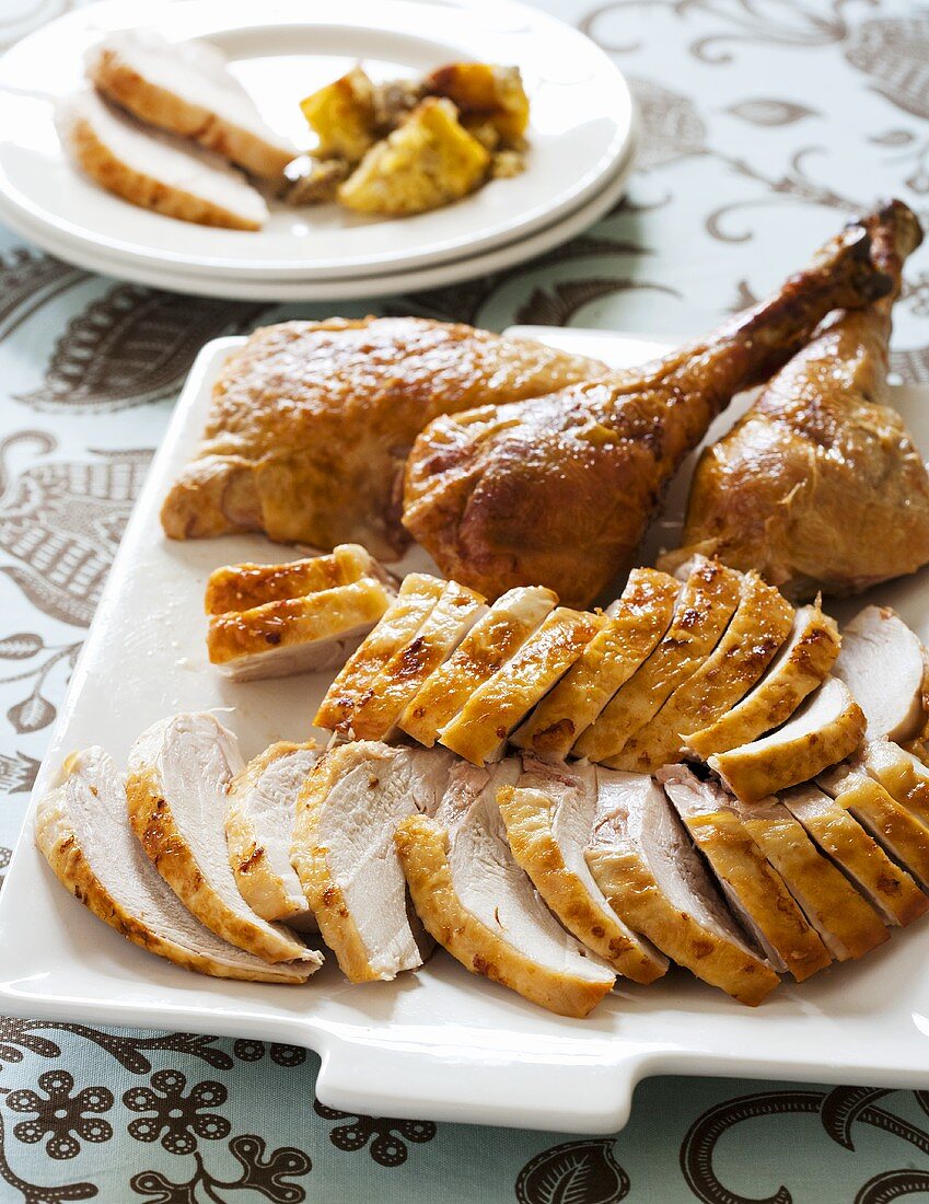 Carved turkey on serving platter