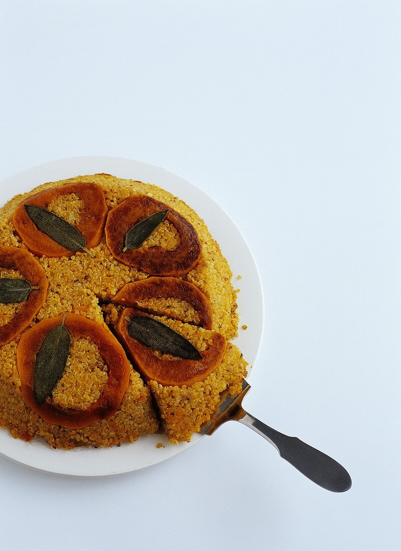 Quinoa and Butternut Squash Pie; Sliced with Serving Spatula