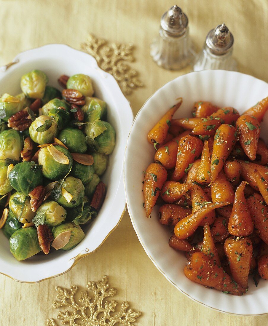Sauteed Brussels Sprouts and Carrots in Serving Bowls