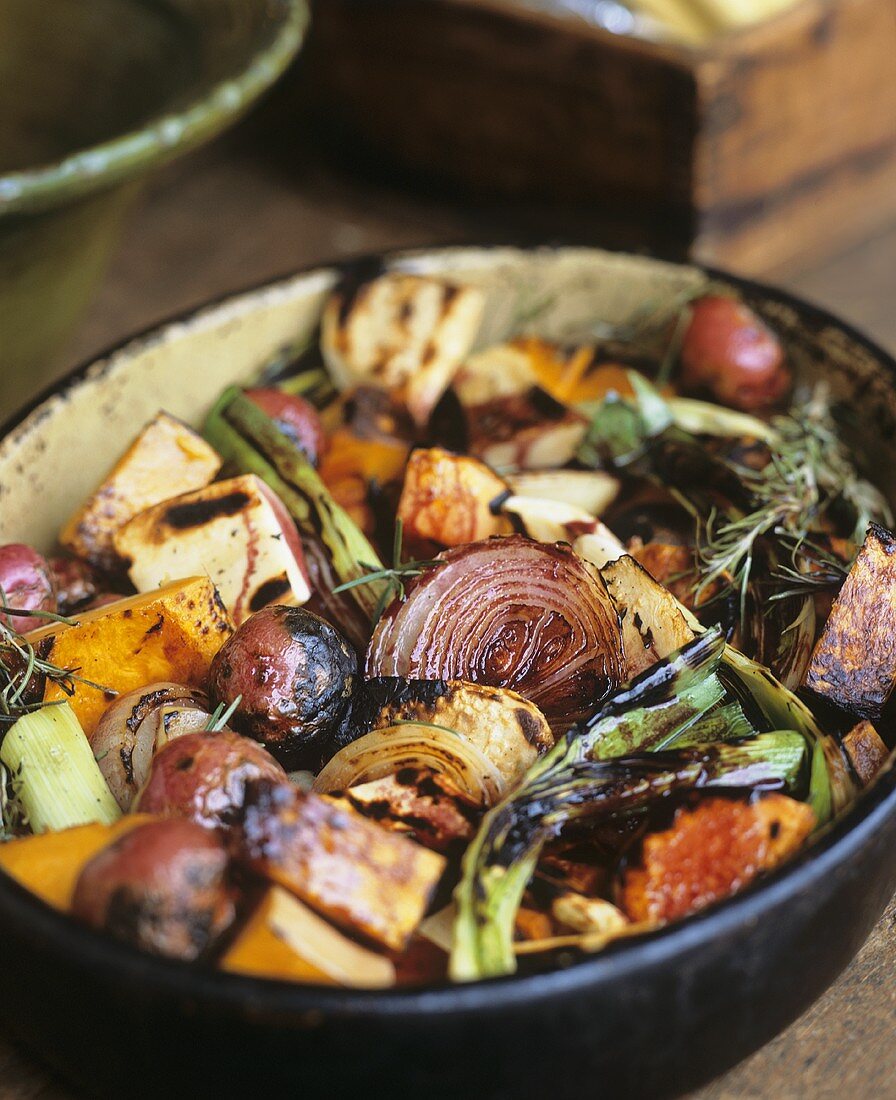 Grilled Harvest Vegetables with Rosemary Red Wine Sauce in Bowl