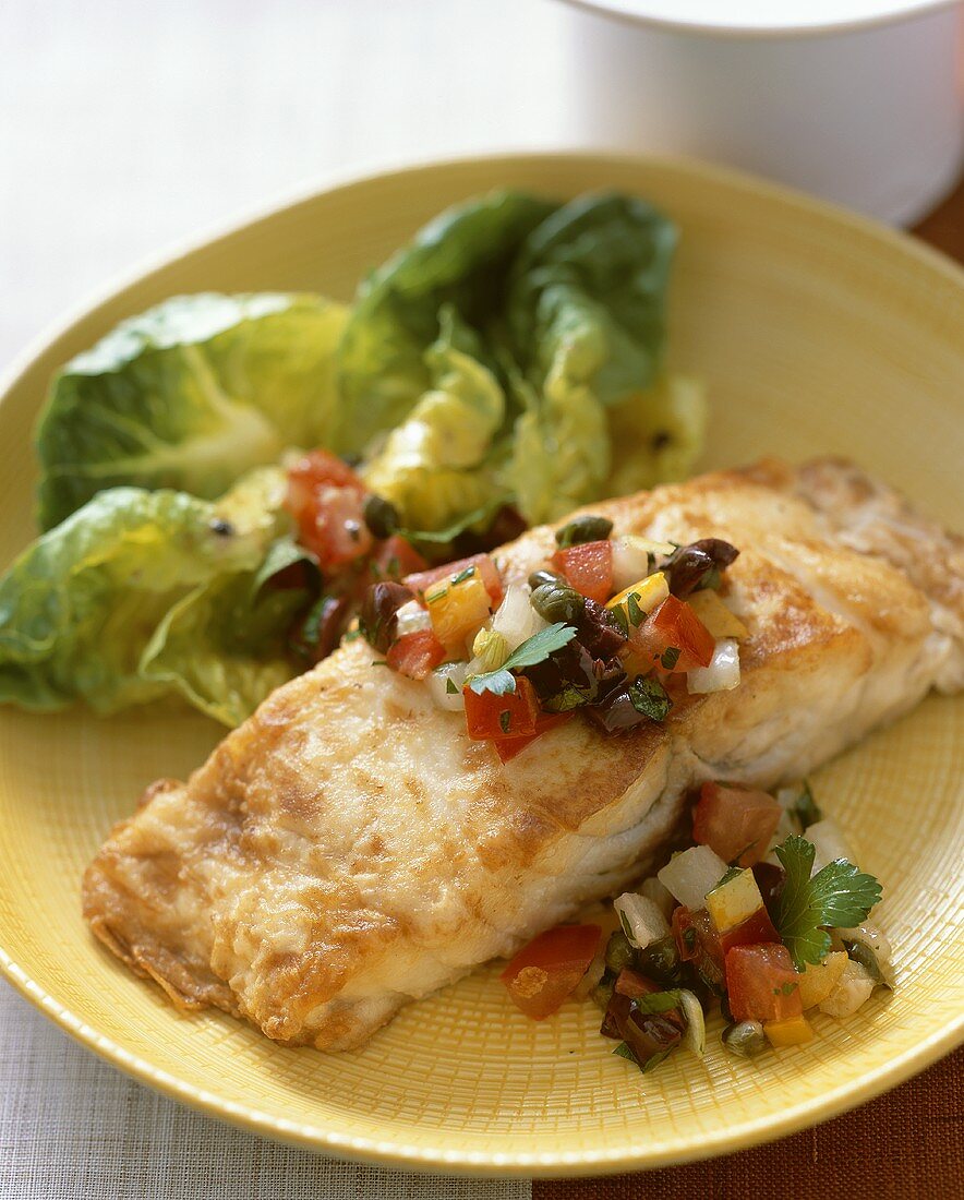 Fish Steak with Pepper, Tomato and Olive Salsa
