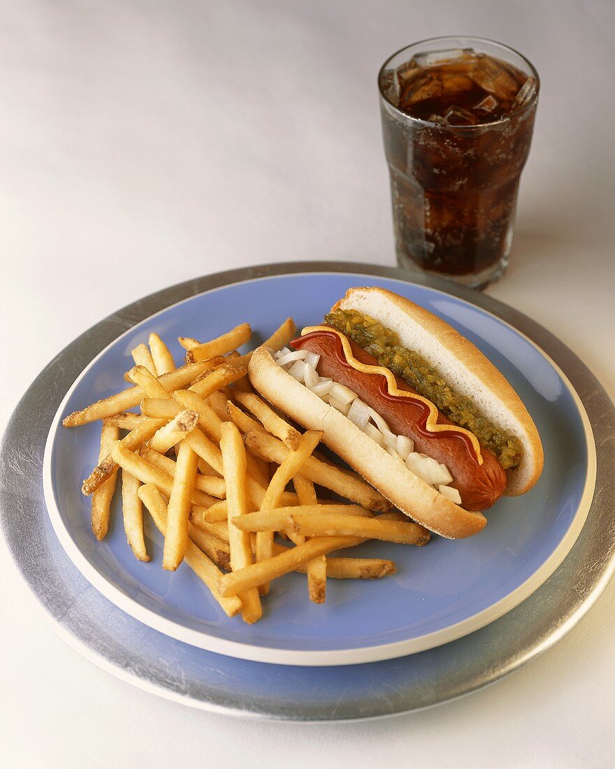 Hot Dog with Onion, Ketchup, Mustard and Relish; Fries and Soda