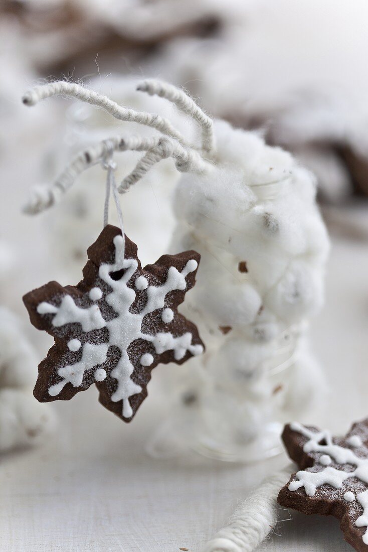 Zweig mit Schneeflockenplätzchen