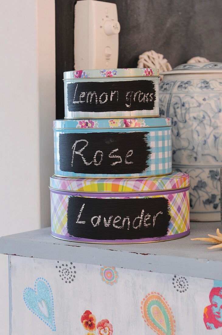 Three biscuits tins on a bathroom cupboard