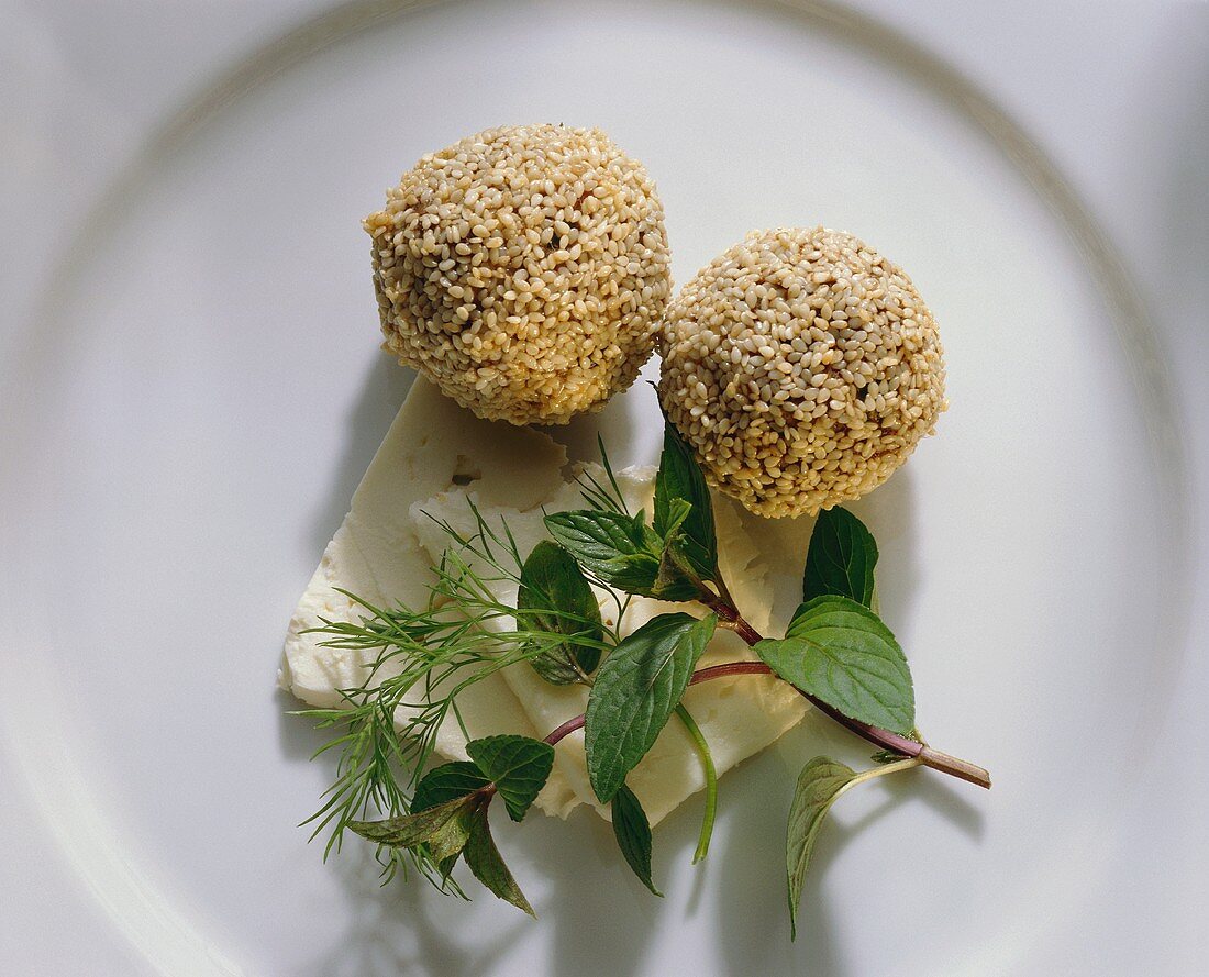 Deep Fried Sesame Balls on Feta