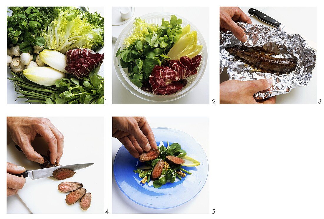 Gebratenes Hasenfilet auf Salat zubereiten