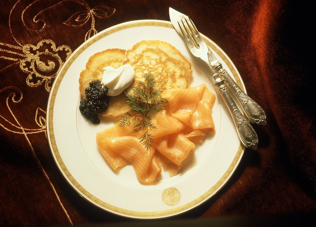 Buckwheat Pancakes with Salmon and Caviar