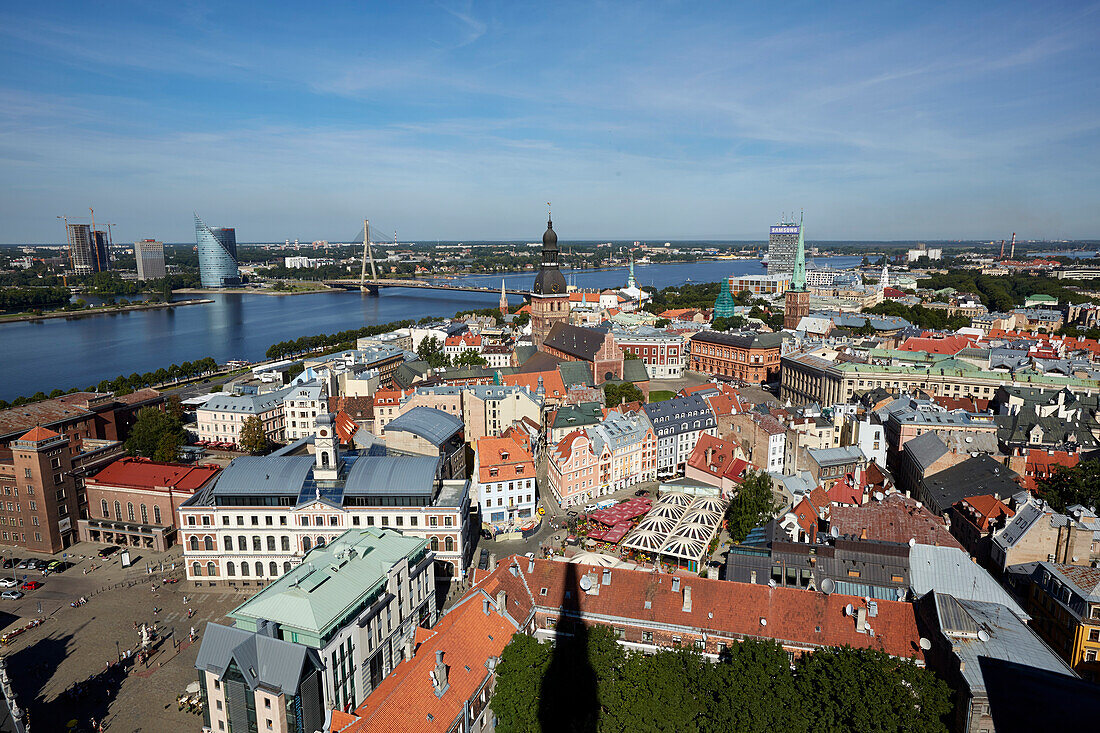 View from the church of St. Petri over the old town of Riga, town hall square on the left, cathedral, Daugava river, Vansu Tilts bridge, old town, Riga, Latvia