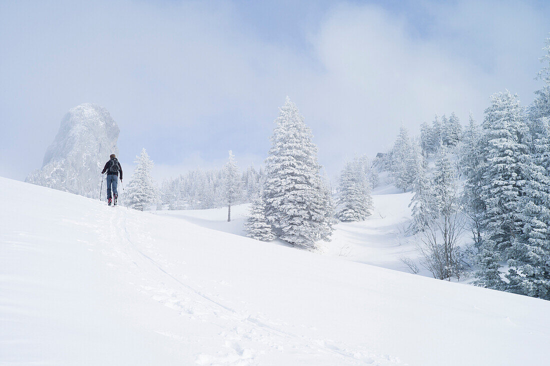 Skiwanderer in winterlichen Berglandschaft, Kampenwand, Alpen, Bayern, Deutschland