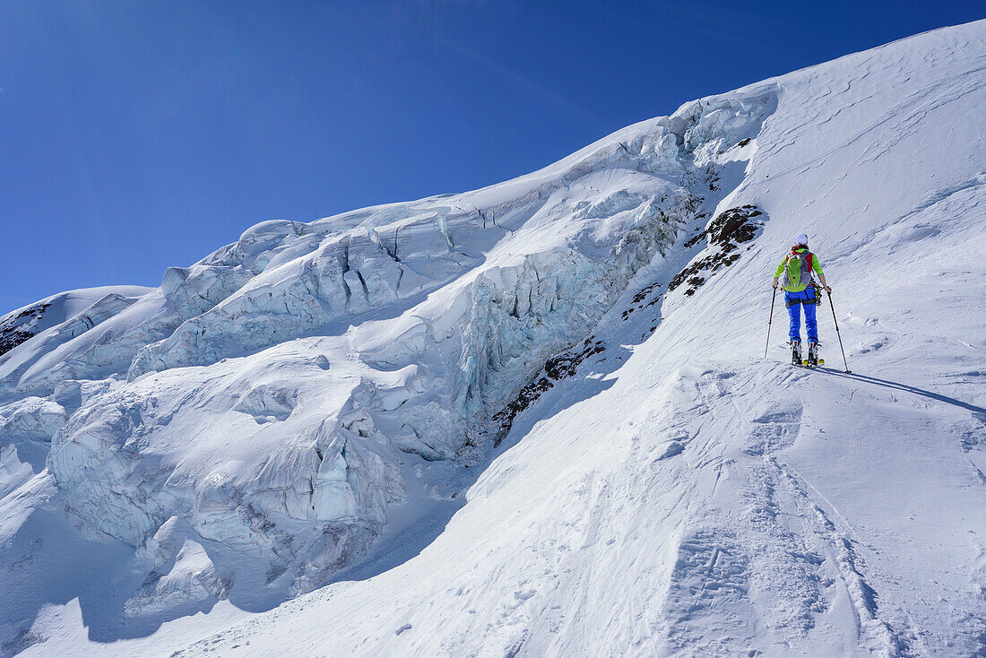 Woman back-country skiing ascending towards icefall, Punta San Matteo, Val dei Forni, Ortler range, Lombardy, Italy