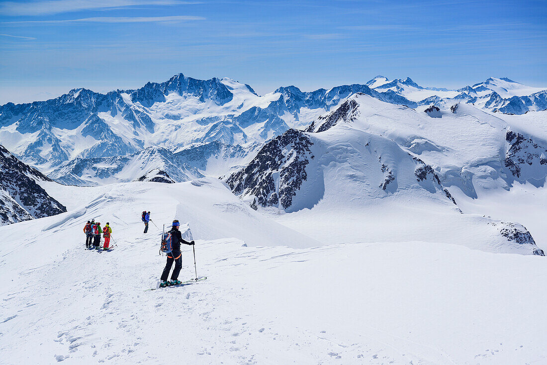 Several persons back-country skiing downhill from Palon de la Mare, Presanella and Adamello in the background, Palon de la Mare, Val dei Forni, Ortler range, Lombardy, Italy