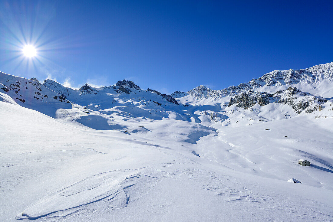 Winter landscape with Rocca La Marchisa, Cima Sebolet and Monte Reghetta, Rocca La Marchisa, Valle Varaita, Cottian Alps, Piedmont, Italy