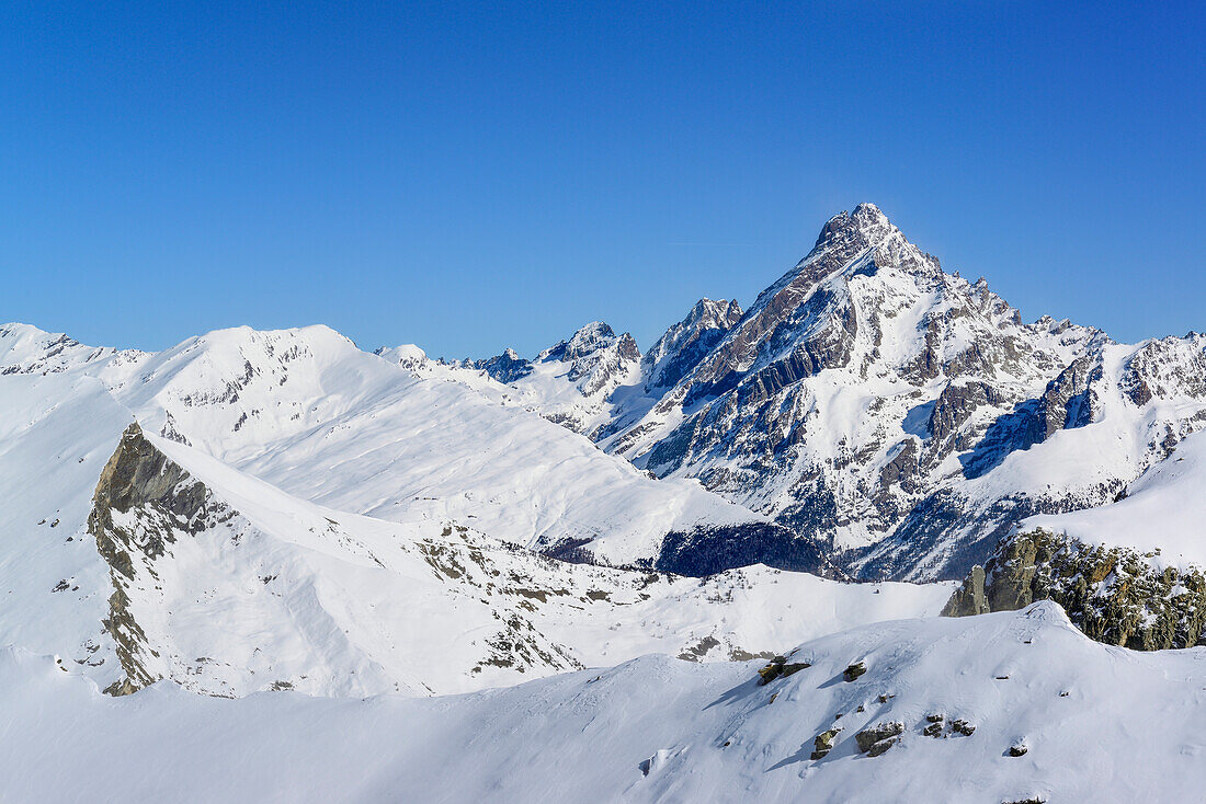 View to Punta Tre Chiosis and Monte Viso, Rocca La Marchisa, Valle Varaita, Cottian Alps, Piedmont, Italy