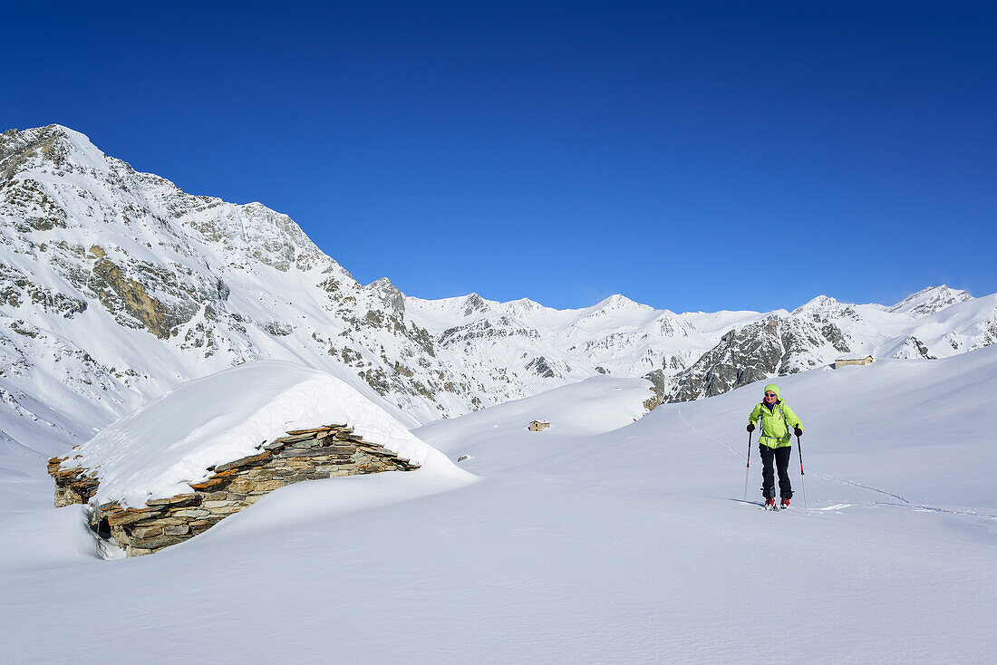 Frau auf Skitour steigt an verschneiter Almhütte vorbei mit Monte Gabel im Hintergrund, Rocca La Marchisa, Valle Varaita, Cottische Alpen, Piemont, Italien