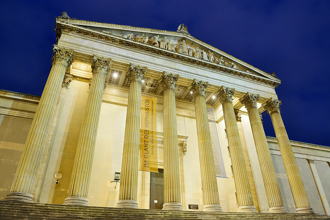 Illuminated Antikensammlung in the evening, Koenigsplatz, Munich, Upper Bavaria, Bavaria, Germany