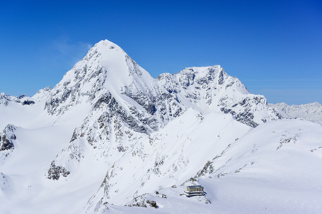 Blick auf Königsspitze mit Casatihütte im Vordergrund, vom Monte Cevedale, Martelltal, Ortlergruppe, Südtirol, Italien