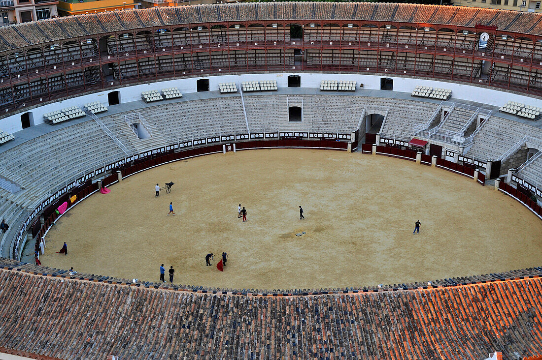 View from a highrise building into the bullfighting arena in Malaga, bullfight training, Malaga, Andalusia, Spain