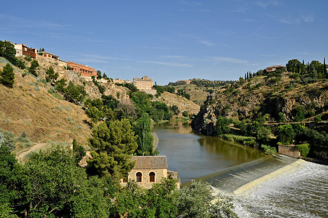 View from Puente de San Martin towards Rio Tajo in Toledo, Castilla-La Mancha, Spain