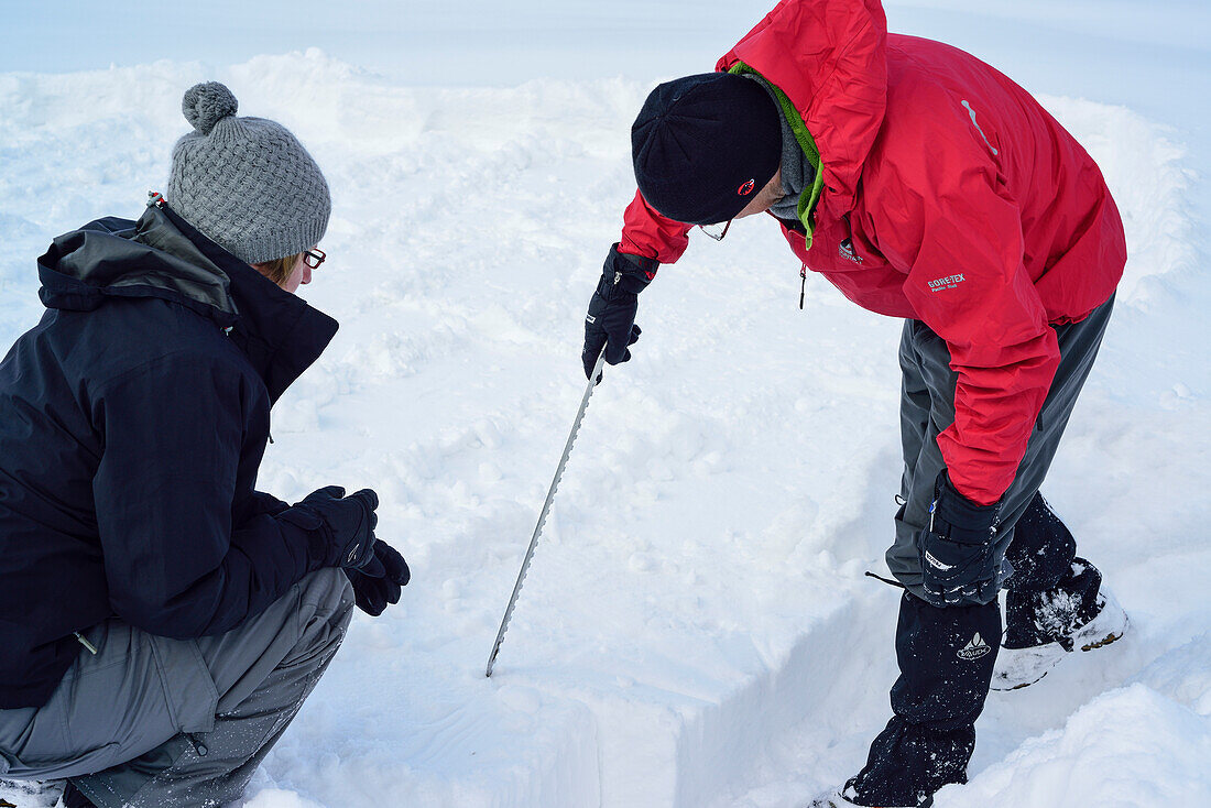 Two persons cutting snow blocks for igloo with saw, Chiemgau range, Chiemgau, Upper Bavaria, Bavaria, Germany