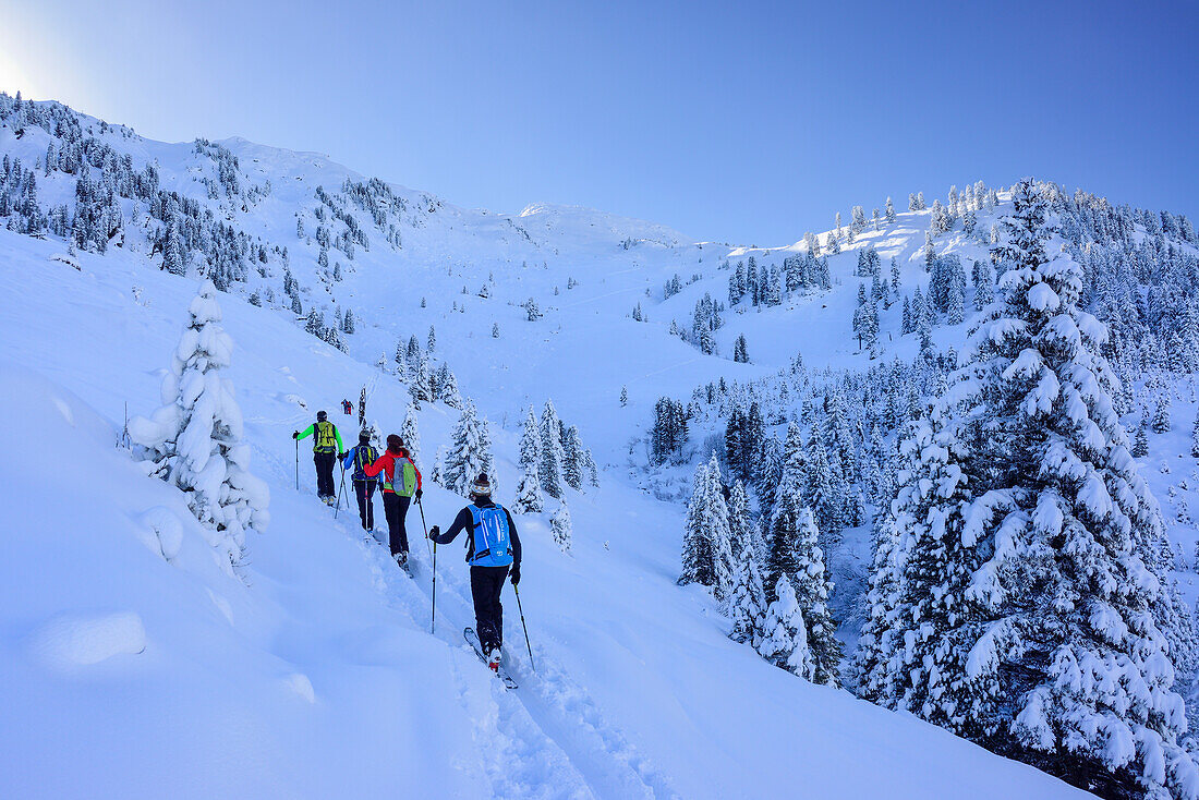 Gruppe von Personen auf Skitour steigen zur Pallspitze auf, Pallspitze, Langer Grund, Kitzbüheler Alpen, Tirol, Österreich