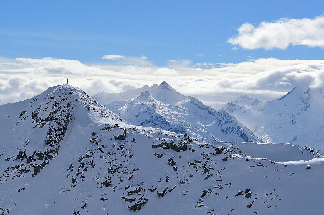 View to Aleitenspitze, in background Wildkarspitze, Gabler and Reichenspitze, from Schafsiedel, Kurzer Grund, Kitzbuehel range, Tyrol, Austria