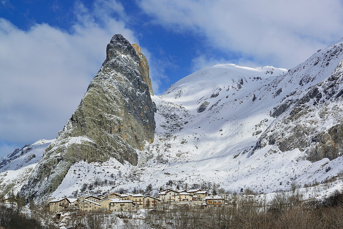 Village of Chiappera with Monte Eighier, Valle Maira, Cottian Alps, Piedmont, Italy