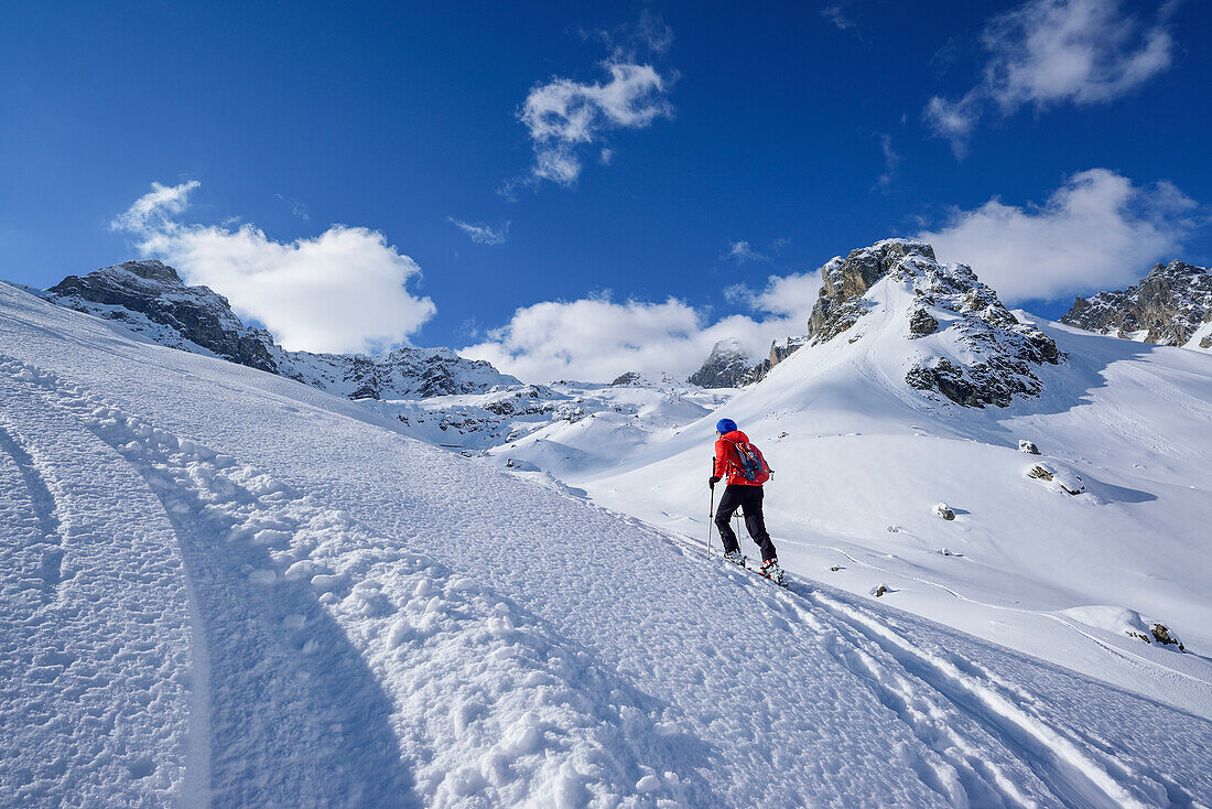 Frau auf Skitour steigt zum Monte Soubeyran auf, Monte Soubeyran, Valle Maira, Cottische Alpen, Piemont, Italien