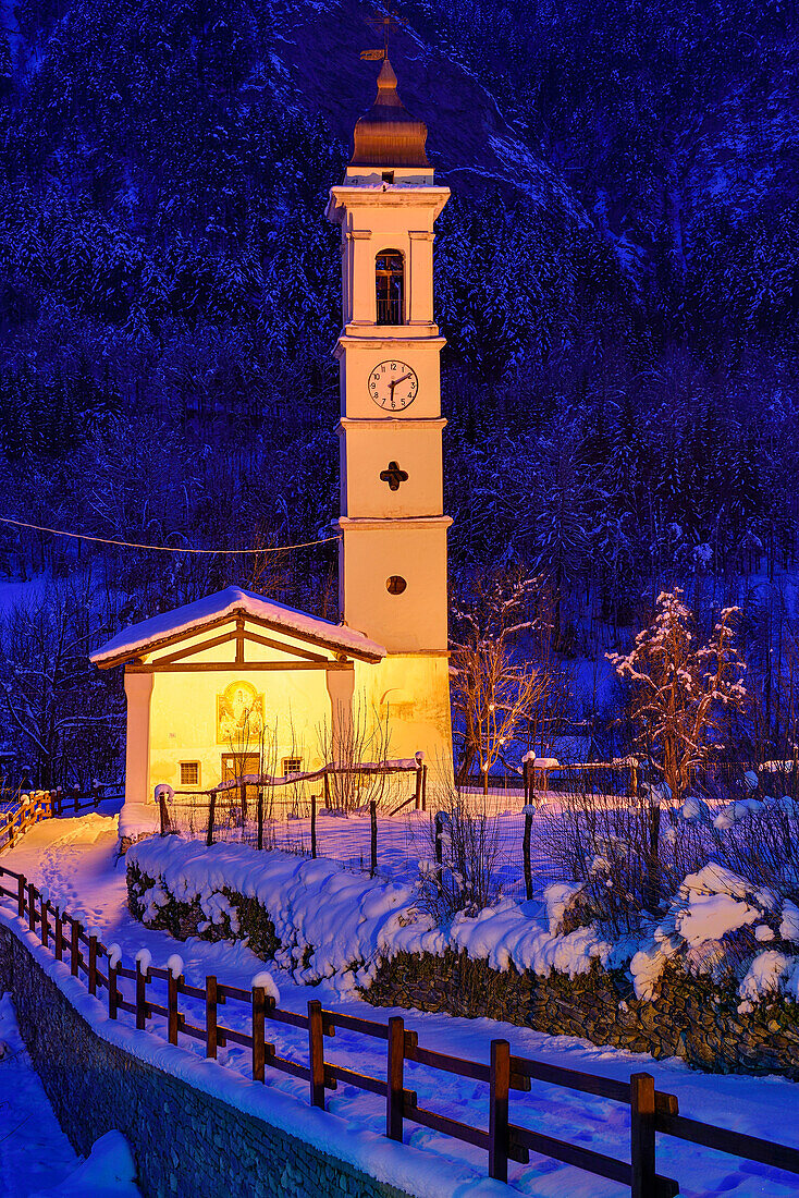 Illuminated church of Prazzo superiore, Prazzo, Valle Maira, Cottian Alps, Piedmont, Italy