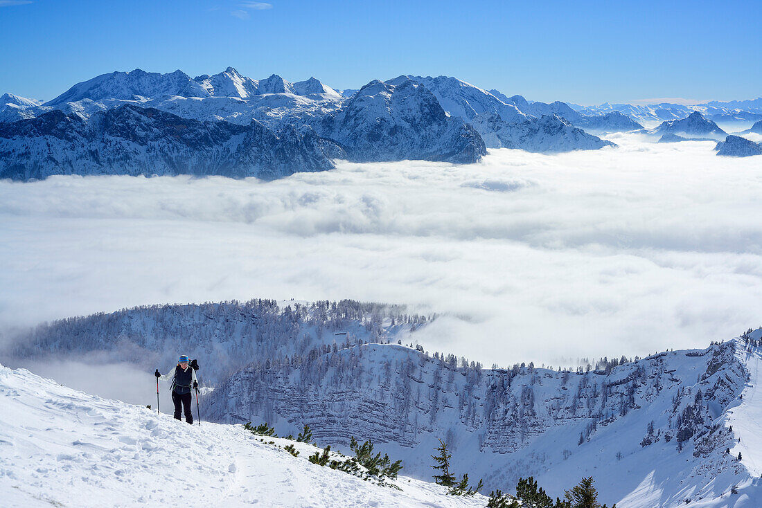 Eine Person auf Skitour steigt zum Sonntagshorn auf, Berchtesgadener Alpen im Hintergrund, Sonntagshorn, Chiemgauer Alpen, Salzburg, Österreich