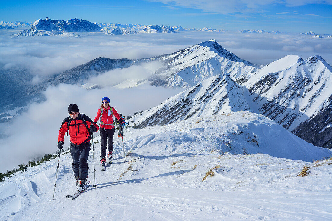 Two persons back-country skiing ascending towards Sonntagshorn, Wilder Kaiser range and Chiemgau range in background, Sonntagshorn, Chiemgau range, Salzburg, Austria