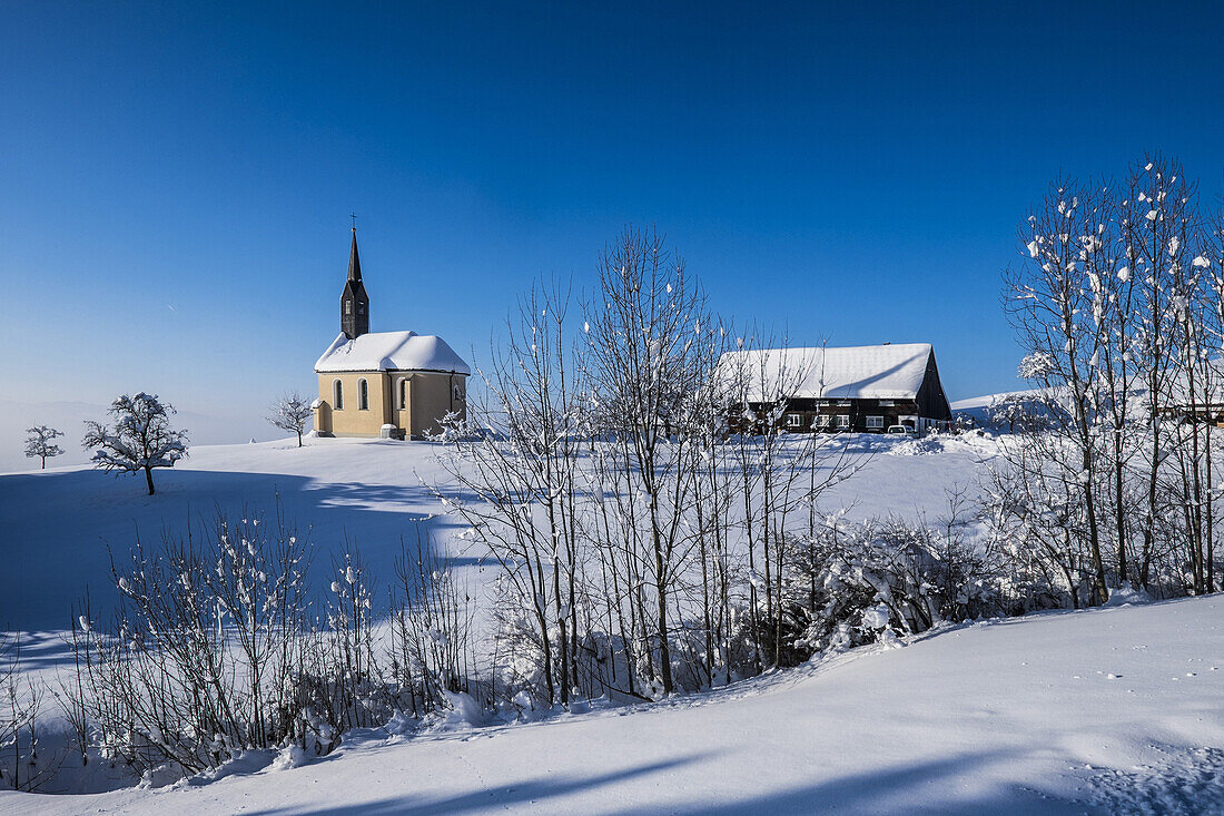 Kapelle in einer Winterlandschaft oberhalb Dornbirns Richtung Bödele, Dornbirn, Vorarlberg, Österreich
