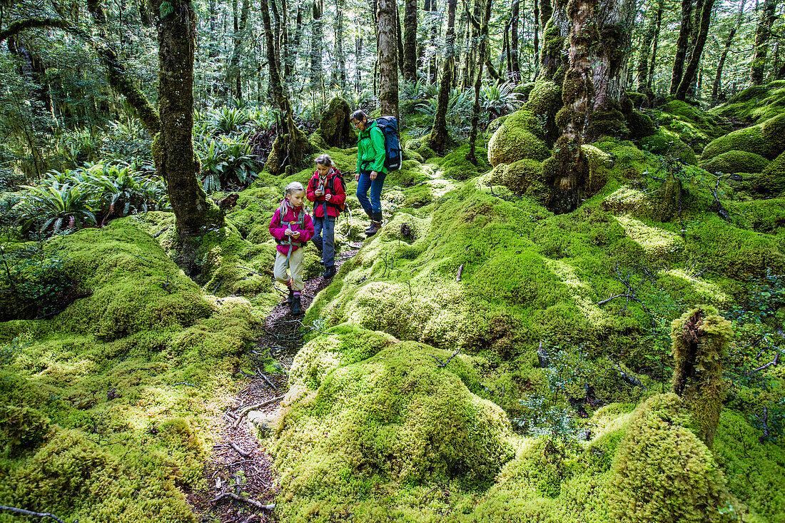 Zwei Mädchen und eine Frau wandern im Regenwald von Fjordland beim Lake Manapouri, Hope Arm, South Island, Neuseeland