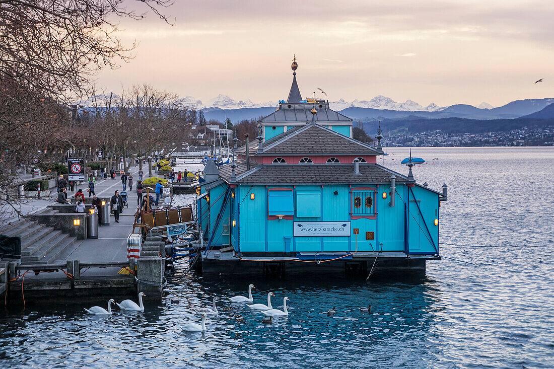 Herzbaracke Boat Theater at Zurich lake in Winter, Switzerland