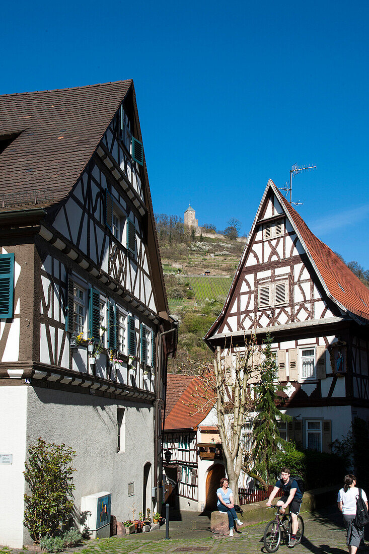 old town of Heppenheim with ruins of castle Starkenburg in the background, Heppenheim, Bergstrasse, Hesse, Germany