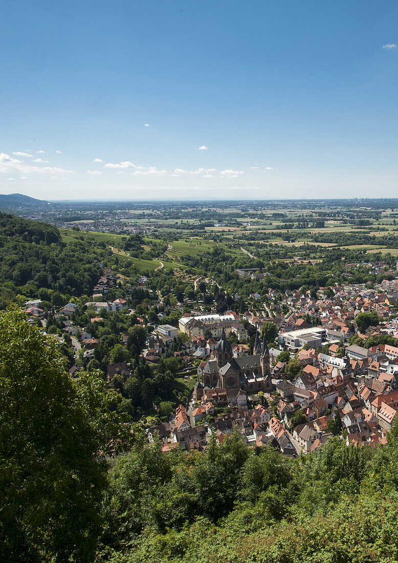 View towards the Upper Rhine Plain and the old town near the ruins of Starkenburg castle, Heppenheim, Bergstrasse, Hesse, Germany