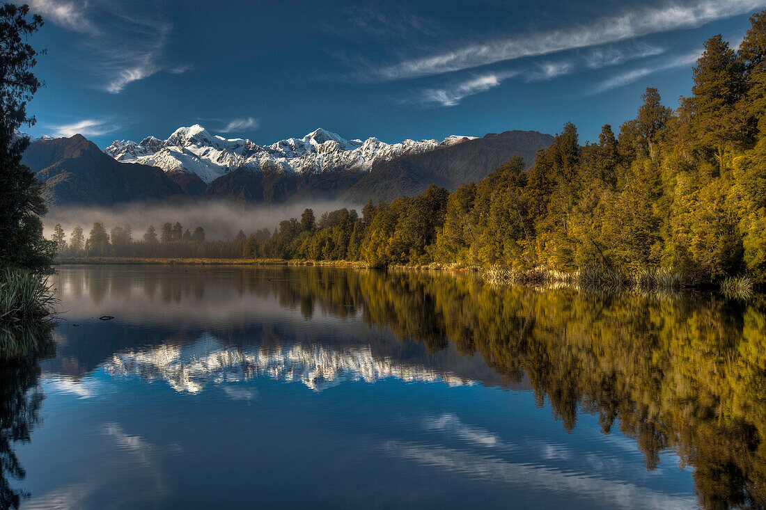 Lake Matheson reflection, Mount Tasman and Mount Cook, near Fox Glacier, Westland National Park, New Zealand