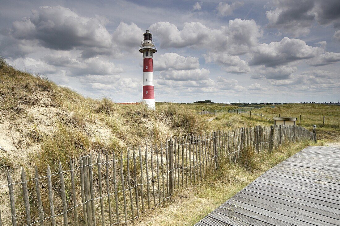 Raised wooden walkway through dunes beside lighthouse, Vlaanderen, Belgium