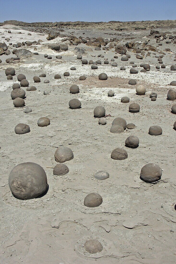 Ball court, stone concretions eroded by wind, Ischigualasto Provincial Park, San Juan, Argentina