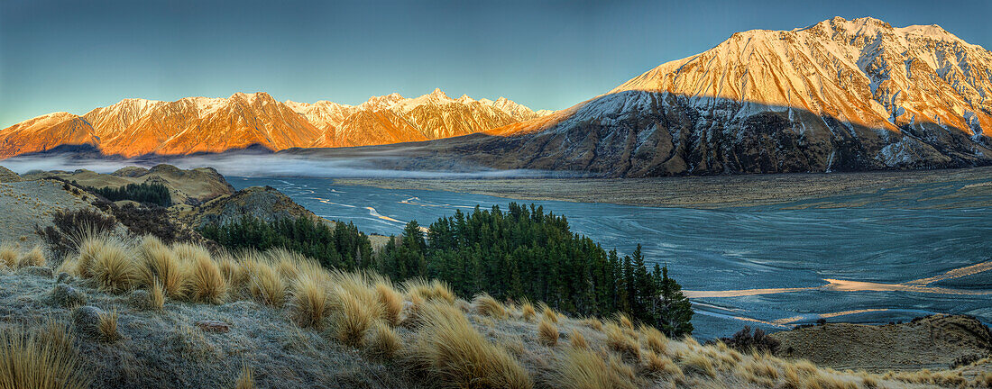 Sunrise over Clyde River, Cloudy Peak Range, Canterbury, New Zealand