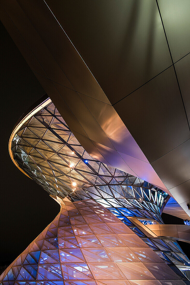 Helix BMW Welt with colorful lighting, BMW Welt, Munich, Bavaria, Germany