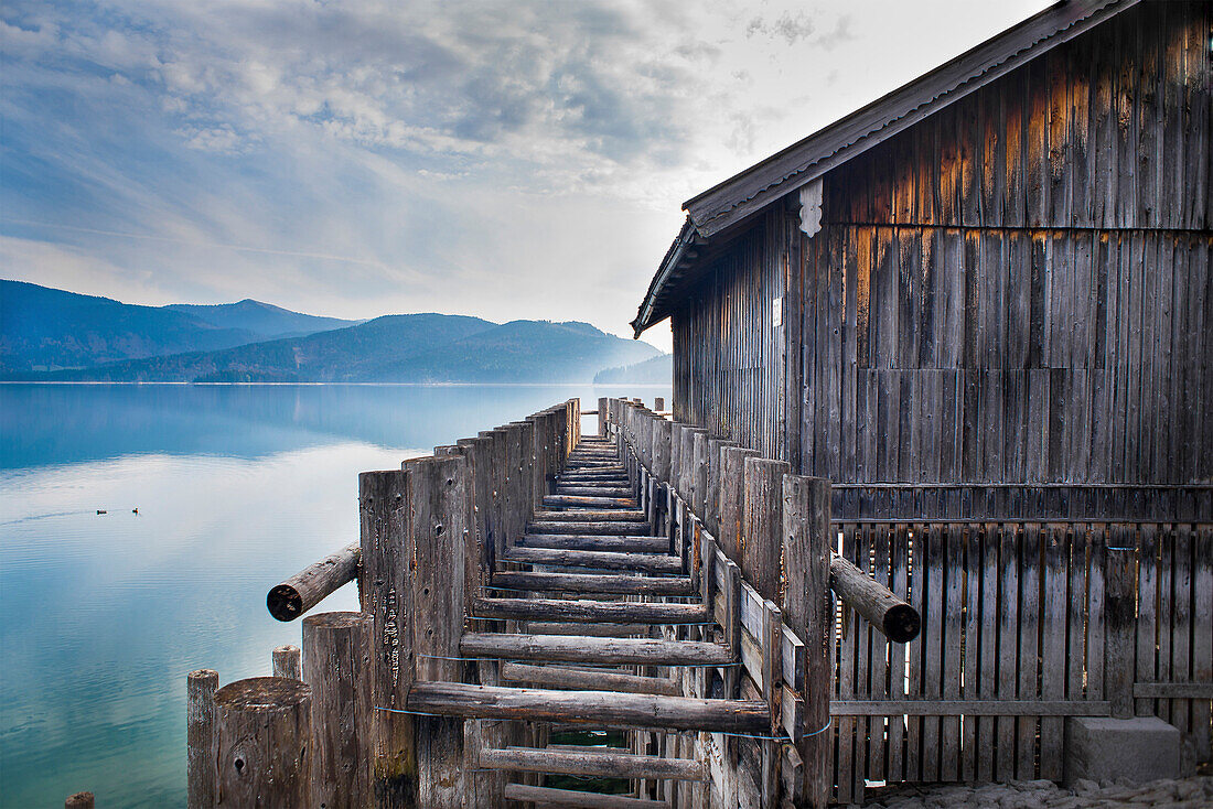 Boathouse at lake Walchensee in the morning mood, lake Walchensee, Alps, Bavaria, Germany