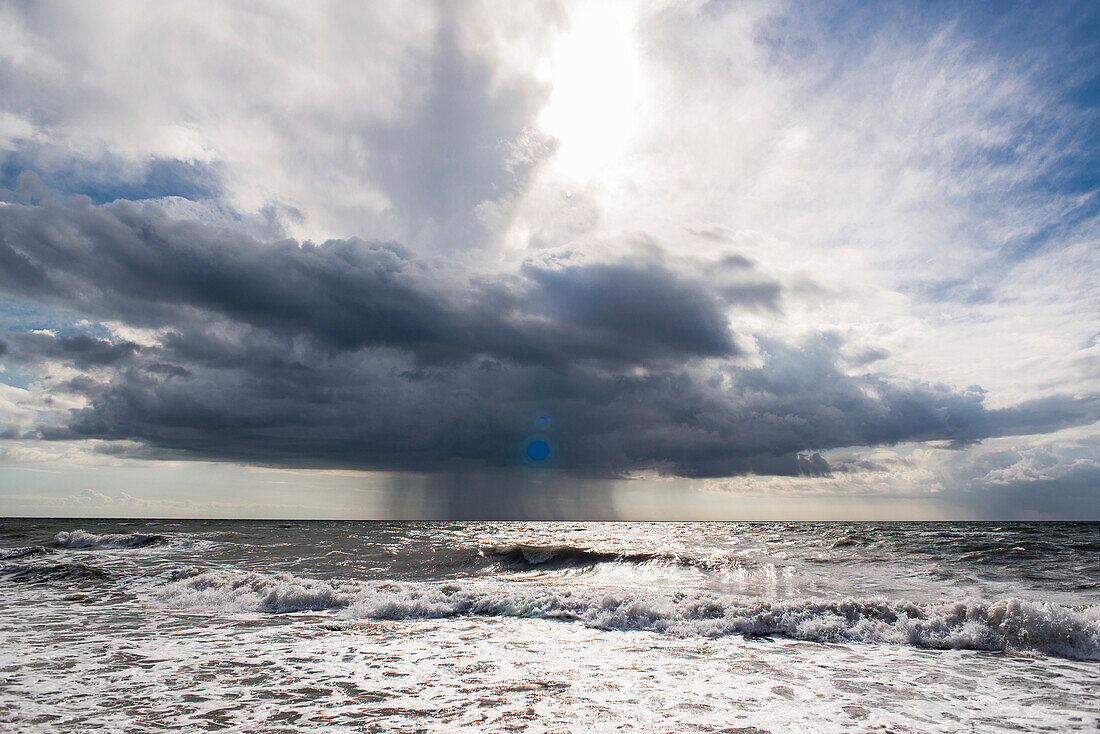 Thunderclouds with rainfall over the Baltic Sea, West beach, Ahrenshoop, Darss, Mecklenburg Vorpommern, Germany