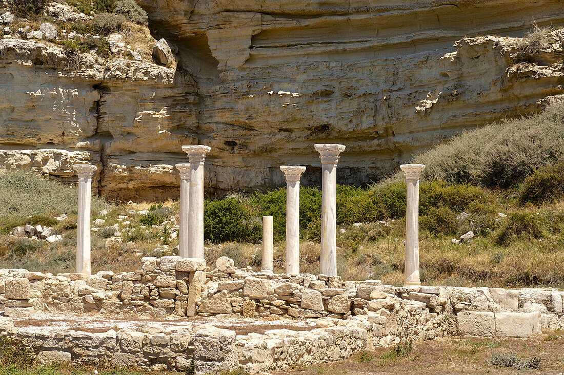 Roman ruins in front of a steep cliff at Kourion near Limassol, Limassol District, Cyprus