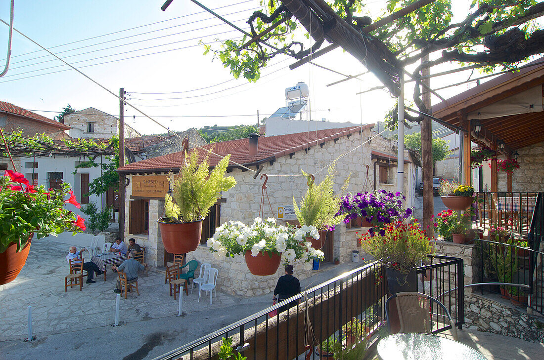Blumen am Balkon der Café Taverne To Kopineon, Koulani im Kouris Tal am Fuss des Troodos Gebirge, Zypern