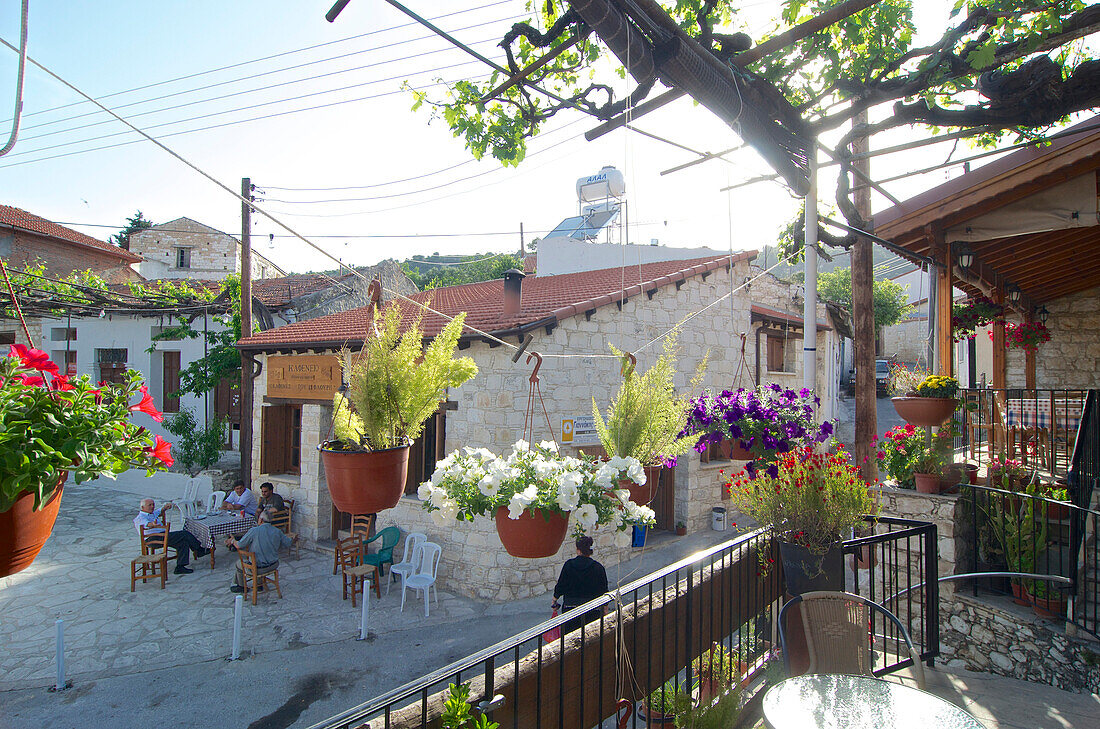 Flower pots hanging on the balcony of the Cafe Tavern To Kopineon south of the Troodos mountains, Cyprus