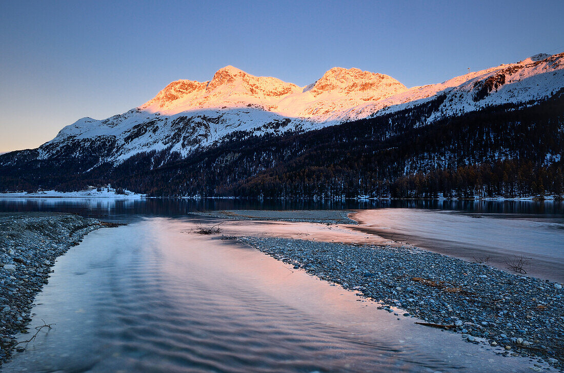 Piz San Gian, Piz Surlej and Munt Arlas above Lake Silvaplana, Engadin, Grisons, Switzerland