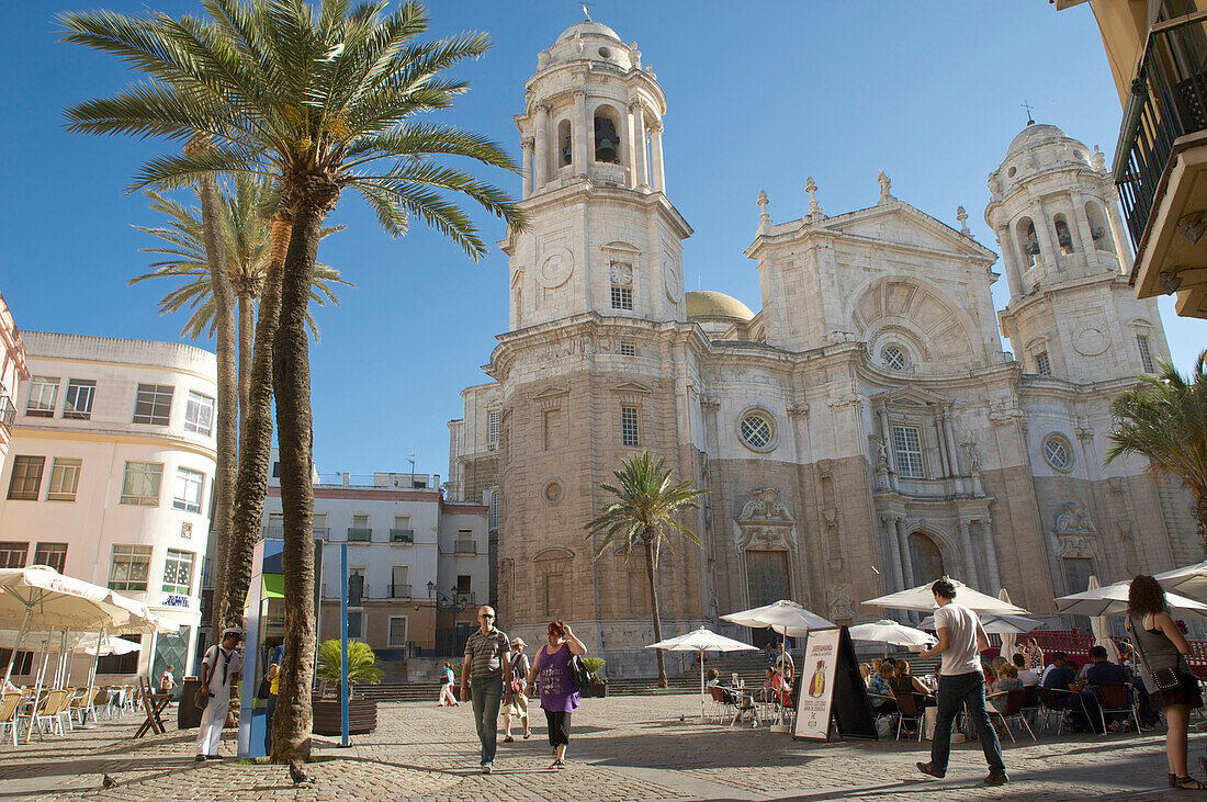 Platz vor der Kathedrale mit Palmen und Tischen, Cadiz, Andalusien, Spanien