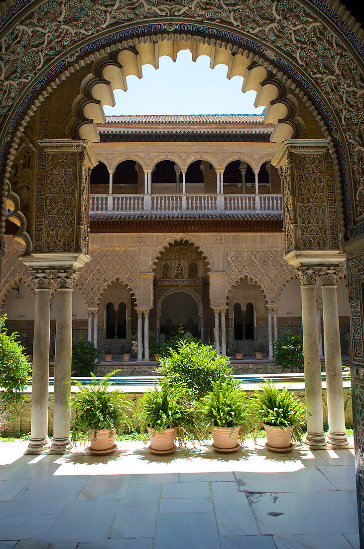 Moorish gates and wall decoration, square in the Palacio de Pedro I in the Alcazar, Sevilla, Andalusia, Spain, Europe