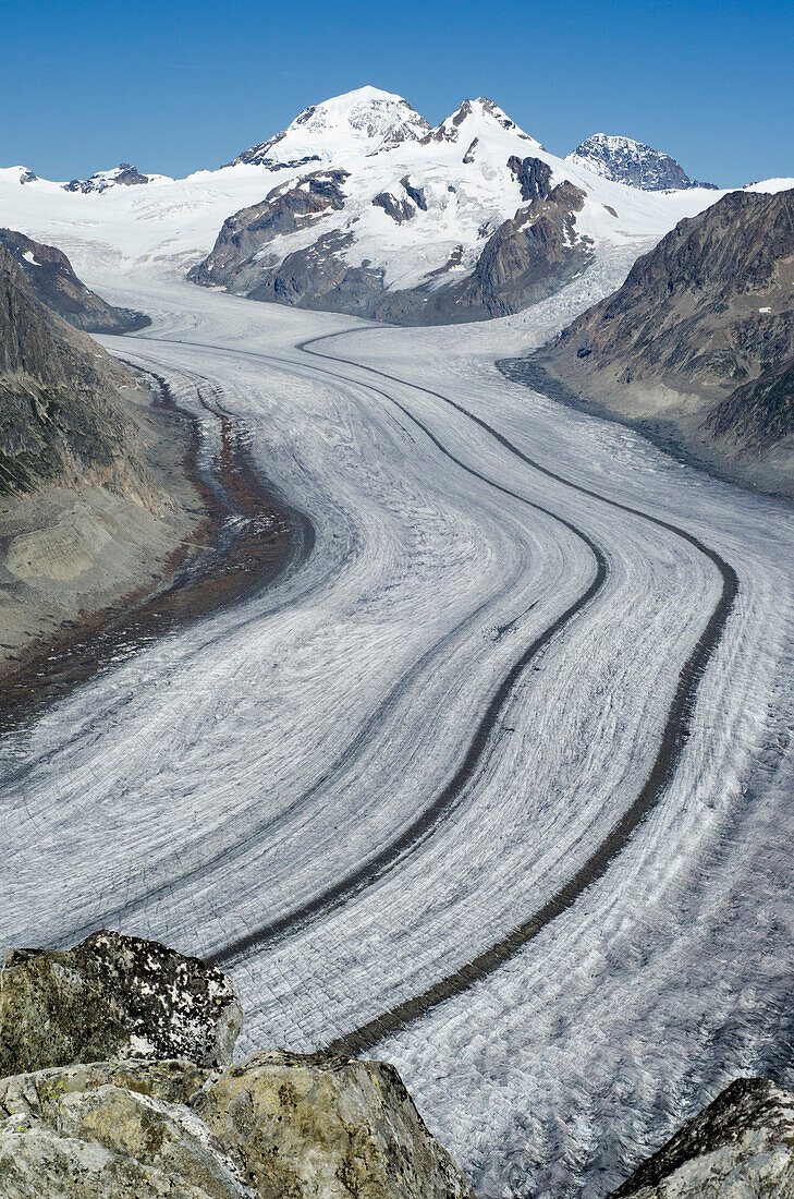 The Great Aletsch Glacier with the peaks of Moench, Trugberg and Eiger, from left to right, Bernese Alps, canton of Valais, Switzerland