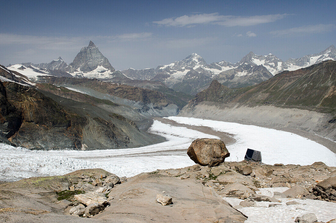 The Neue Monte Rosa Hut, behind it the Gorner Glacier and from left to right Matterhorn, Dent Blanche and Ober Gabelhorn, Pennine Alps, canton of Valais, Switzerland